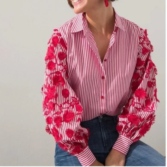 Chico's Tops - Chico’s Red Striped Floral Sleeve Women's Top